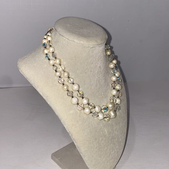 Vintage Signed Laguna Aurora Borealis Glass & Faux Pearl Bead 2 Strand Necklace - Picture 4 of 11